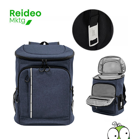 Poliéster Wulong 300D + Interior forrado en PEVA color plata con relleno de espuma de PE. Mochila cooler.