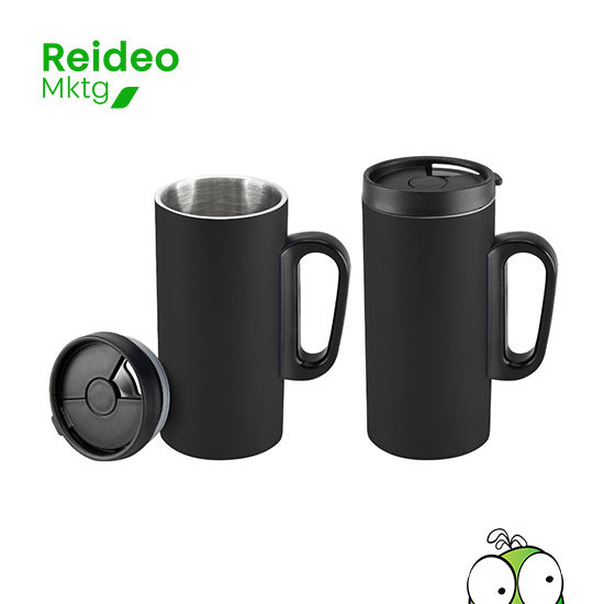 Mini-mug para café de acero inoxidable doble pared aislante, cuerpo exterior color. Tapa de plástico PP negro con dosificador
