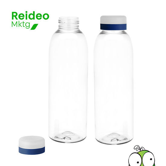 Botella de plástico transparente con tapa a rosca esmerilada con anillo de silicona de diferentes colores.