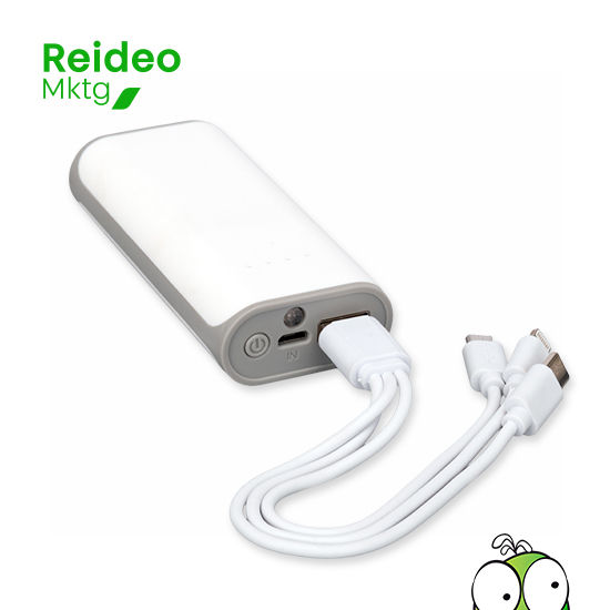 Cargador Power Bank USB portátil plástico ABS blanco con gris, con indicador de carga