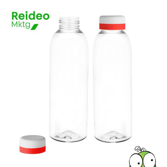 Botella de plástico transparente con tapa a rosca color blanco mate con anillo de silicona de diferentes colores.