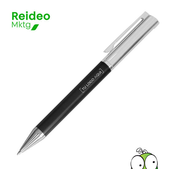 Metálico. Bolígrafo con apertura giratoria. Destape plateado en la parte inferior. Cuerpo color negro.