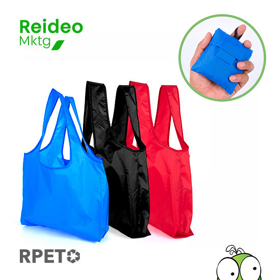 Bolsa plegable de compras fabricada en tela reciclada RPET 420D/PU Ripstop, se dobla para ser guardada dentro de bolsita inte