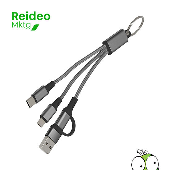 Cable de carga con llavero. Entrada: 2 en 1 (USB + USB tipo C). Salida: USB tipo C + lightning.