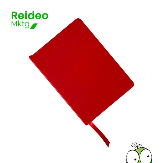 Cuaderno tamaño A5, con cubierta de PU eco-cuero de 2mm de espesor y lomo pintado de color al tono.