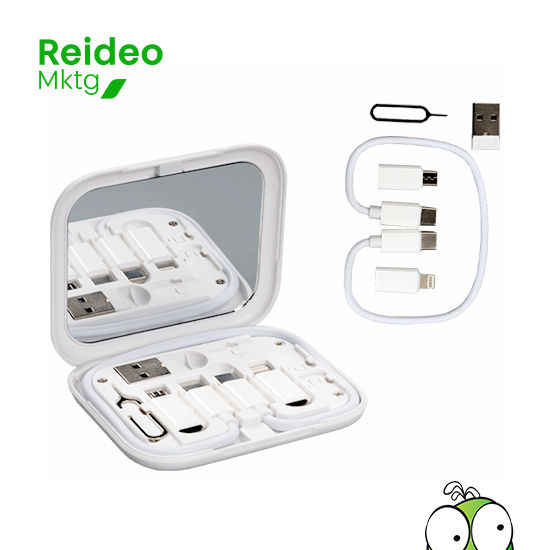 Connect Multicargador 8-en-1 blanco, con Espejo. Presentación en estuche de PVC blanco + bolsa plástica biodegradable + caja