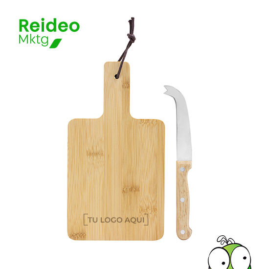 Set de tabla de corte para quesos y cuchillo. Tabla con recubrimiento de aceite vegetal y correa en el mango.