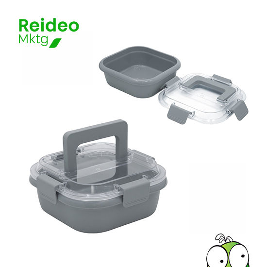 Lonchera con tapa translúcida con cuatro clips de cierre hermético y asa para trasladar cómodamente.