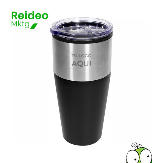 Mug de plástico y acero inoxidable. Doble pared. Interior: polipropileno (PP) y exterior acero inoxidable 201