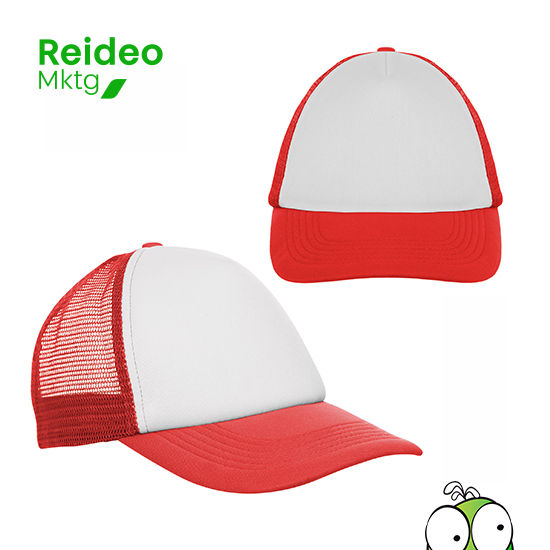 Jockey Polyester. Frente de color blanco y en la parte de atrás red/malla de color. Ajuste con broche plástico.