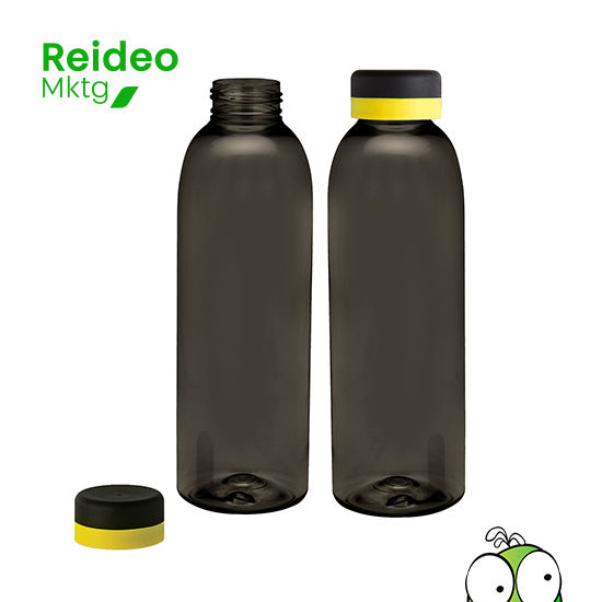 Botella de plástico de color negro translúcido con tapa a rosca color negro mate con anillo de silicona de diferentes colores