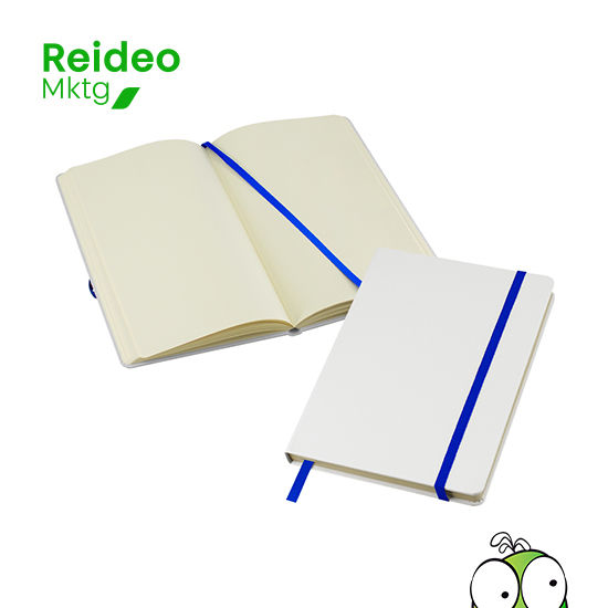 Cuaderno modelo "Whiteskine" tamaño A5, con cubierta de cartón piedra forrada en PU simil cuero blanco de 1.5mm de espesor.