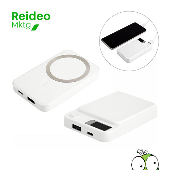 Power bank inalámbrico con aro magnético. Color blanco mate y brillante en la parte delantera.