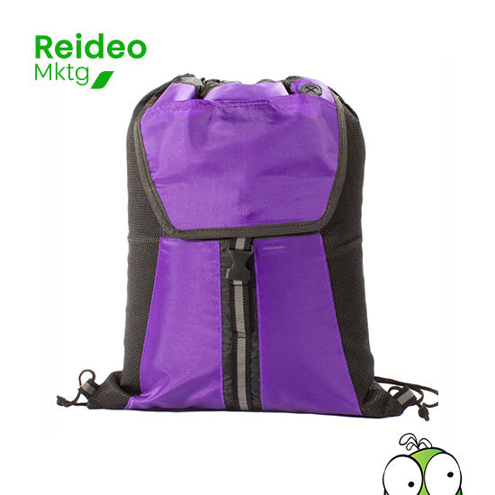 Mochila bicolor tipo Morral modelo "Studio" de poliéster 210D/PU y tela TNT, con bolsillo delantero y tiras de cordón negro.