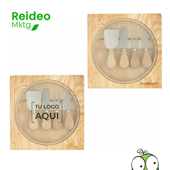 Tabla de queso en la parte interna contiene imán que sostiene 4 utensilios para quesos de acero inoxidable y mango de madera.