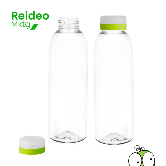 Botella de plástico transparente con tapa a rosca esmerilada con anillo de silicona de diferentes colores.