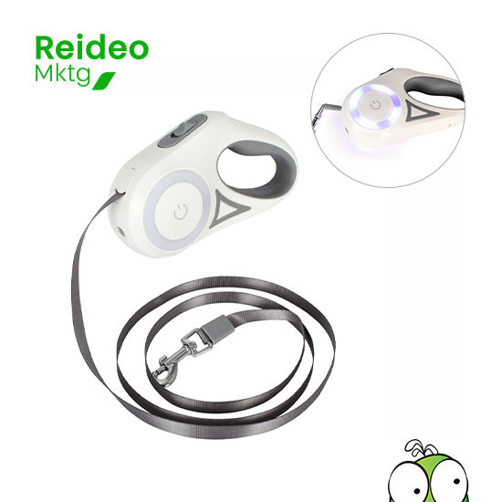 Correa extensible de 3mts para mascota, en plástico ABS blanco con detalles grises y correa de nylon color gris