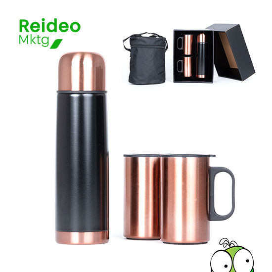 Set mug térmico metálico doble pared aislante, modelo «GLASGOW», con cuna de EVA atersiopelada negra.