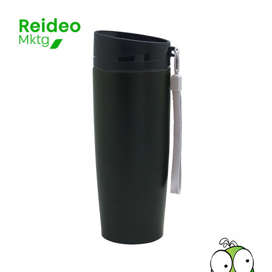 Mug de doble pared. Tapa a rosca, botón para abrir y cerrar. Lazo para sujetar en la muñeca. Base antideslizante.