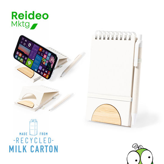 Libreta de línea nature convertible en soporte para smartphone y fabricada con cartones de leche reciclados.