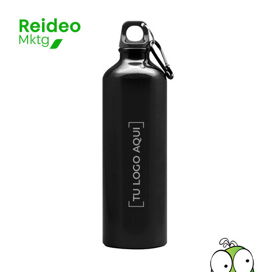 Botella de aluminio. Tapa a rosca plástica y gancho metálico.