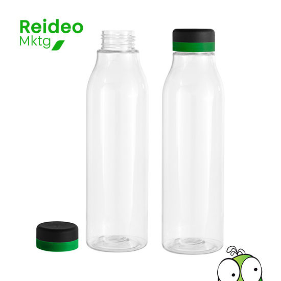 Botella de plástico transparente con tapa a rosca color negro mate con anillo de silicona de diferentes colores.