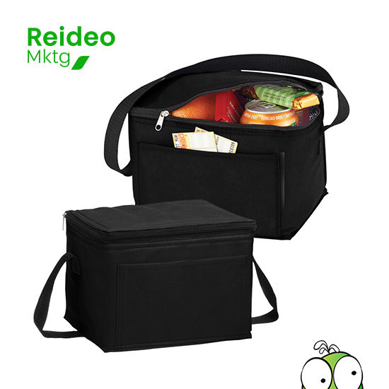 Cooler-Lonchera con bolsillo delantero, en tela no tejida (TNT) de 80g/m2. Interior en tela PVC metalizado aislante.