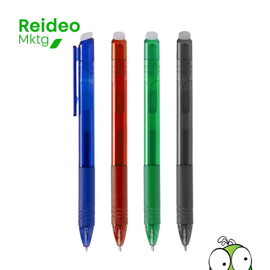 Bolígrafo plástico con cuerpo de color translúcido, tinta borrable y goma de borrar.  Escritura azul.