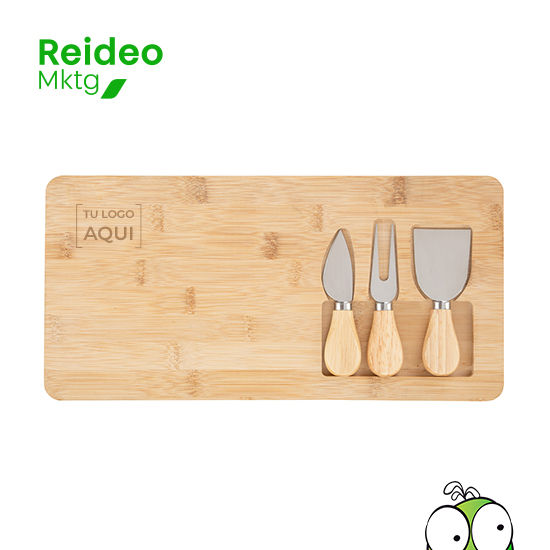 Tabla para quesos de bambú con set de 3 utensilios de acero inoxidable 420 con mango de madera de caucho