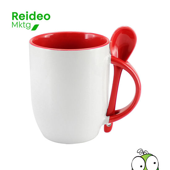 Tazón Cerámico bicolor, exterior blanco con interior, asa y cuchara de color. Cobertura exterior con polímero especial marca