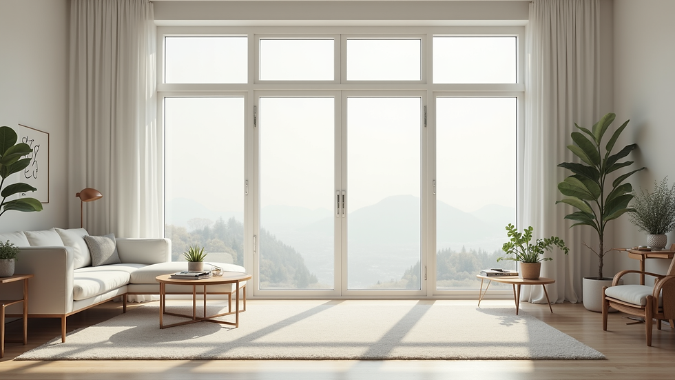 High angle view of a bright, spacious room with large windows and minimalist furniture