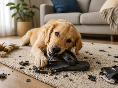 Cachorro roendo um chinelo dentro de casa.