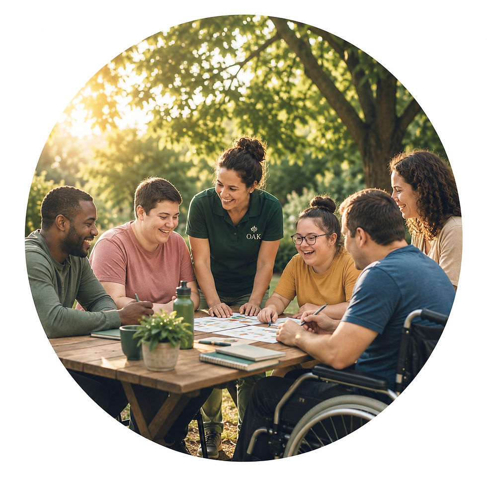 Smiling diverse group meeting outdoors with disability support worker to chat together