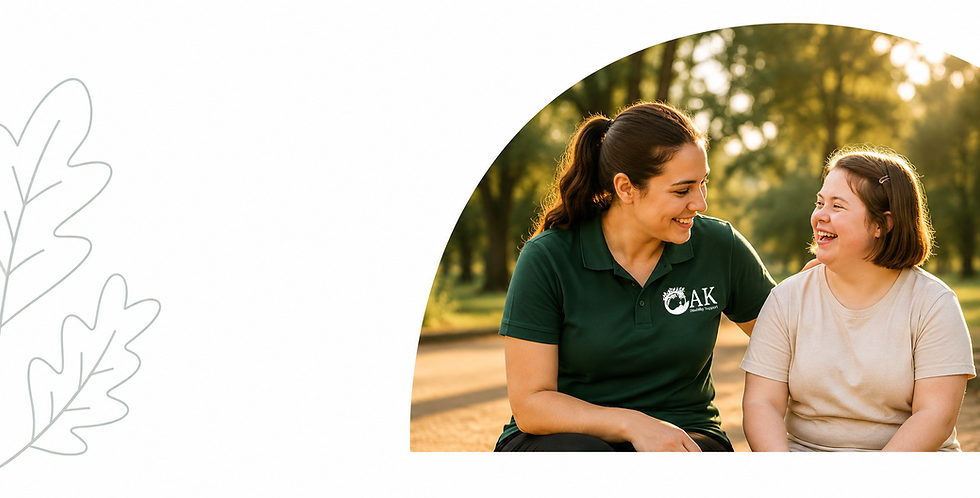 Disability Support worker smiling with a young woman participant in a park after providing community access supports