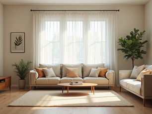 A clean and accessible living room with clear pathways and natural light