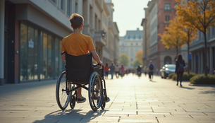 A young person confidently navigating a city street using a wheelchair