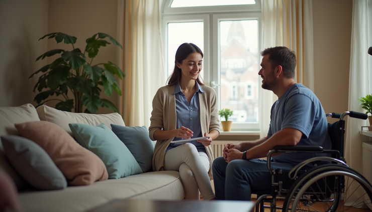 Eye-level view of a disability support worker reviewing safety protocols with a participant