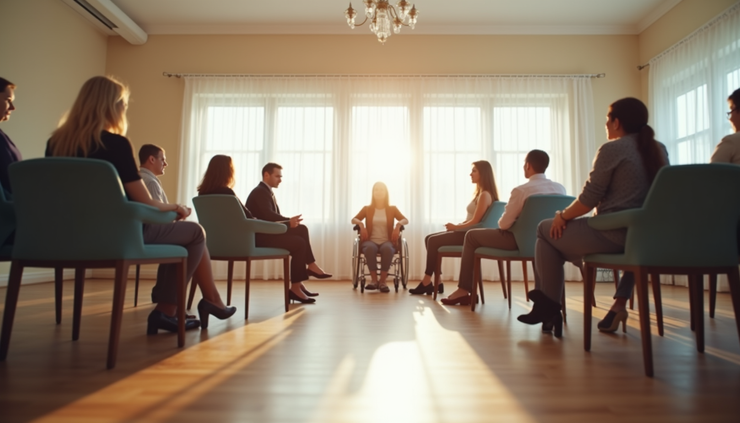 Eye-level view of a community center meeting room set up for a disability support discussion