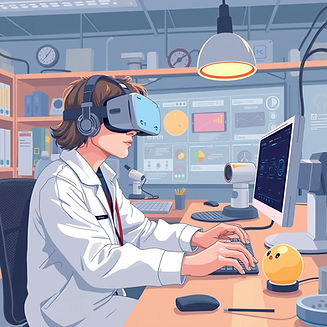 Student researcher working in a virtual reality focused lab developing new devices, animat