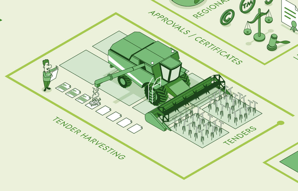 Infografik zu Market Intelligence: Tender Harvesting – Strategien zur Identifizierung und Gewinnung von Ausschreibungen.