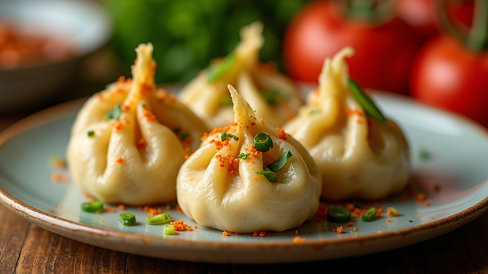 Close-up view of a colourful plate of Nepalese momo dumplings