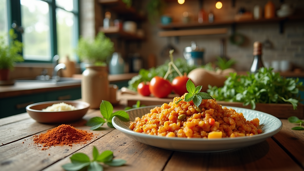 Eye-level view of a rustic kitchen counter with fresh herbs and spices