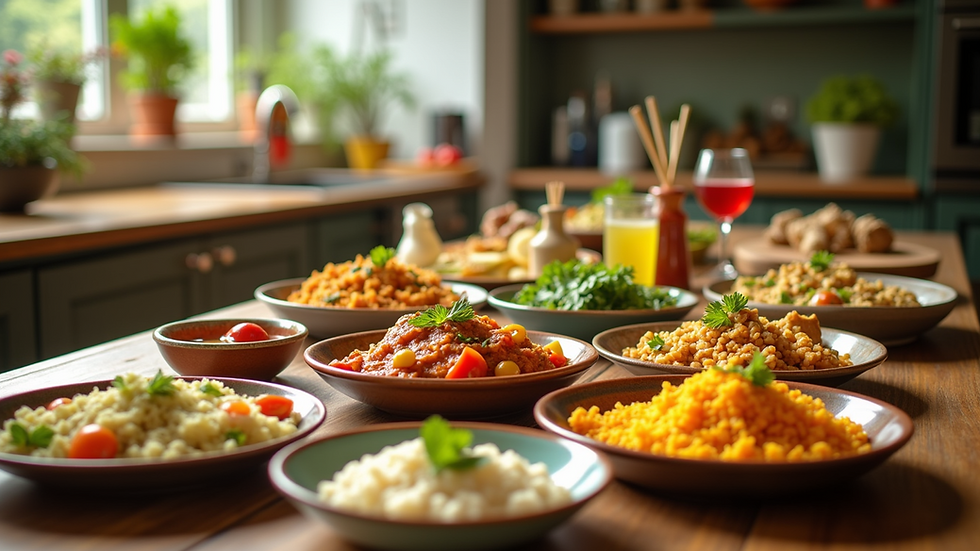 Eye-level view of a colourful kitchen table set with international dishes
