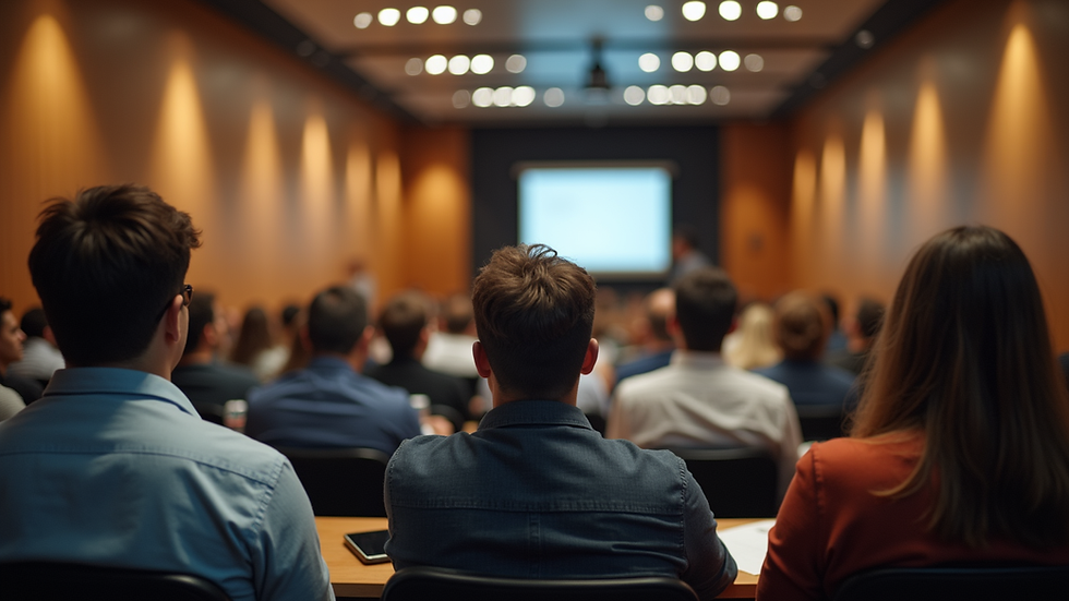 Eye-level view of a local seminar room with attendees listening attentively