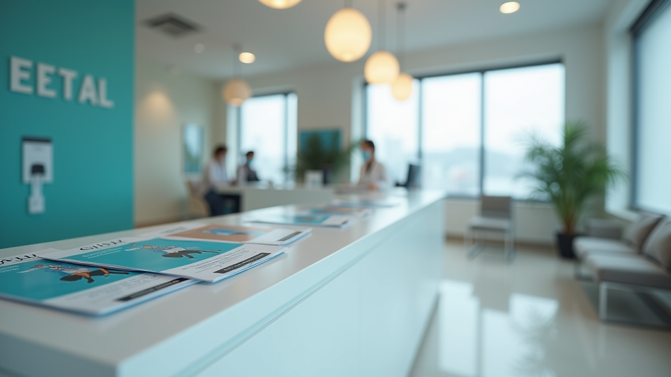 eye-level view of a clinic reception desk with medical brochures