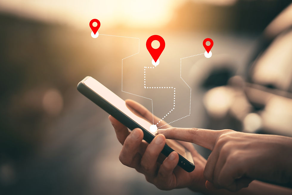 Woman hand using smartphone with gps navigator map icon on blur street background. Technol