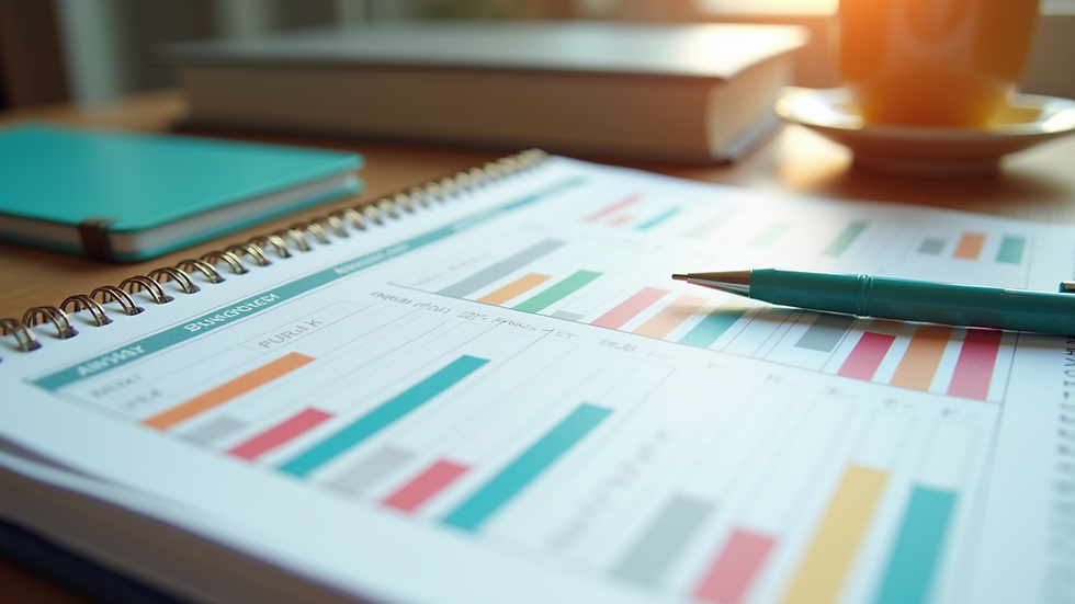 Close-up view of a budgeting planner with colorful stationery