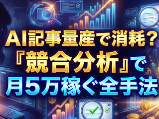 中央に「AI記事量産で消耗？『競合分析』で月5万稼ぐ全手法」のタイトル文字。背景にSEO分析グラフと成功を示すコイン、AI活用のイメージ。