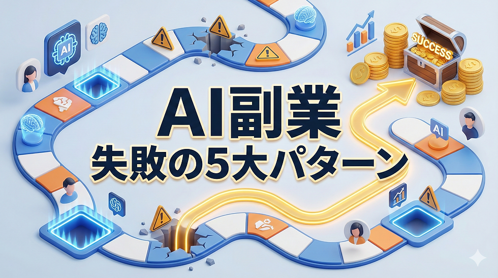 「AI副業 失敗の5大パターン」というタイトル文字と、落とし穴を回避して成功へ向かうロードマップを描いた3Dイラスト。AI副業で初心者が陥りやすい共通点と、月5万円稼ぐための具体的な回避策を解説する記事のサムネイル。