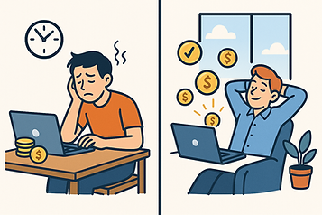 従来型副業とAI自動化副業の対比図。左側に時間の切り売りで疲弊する様子、右側にAI自動化でリラックスしながら収入を得る様子を示したビフォーアフター比較イラスト